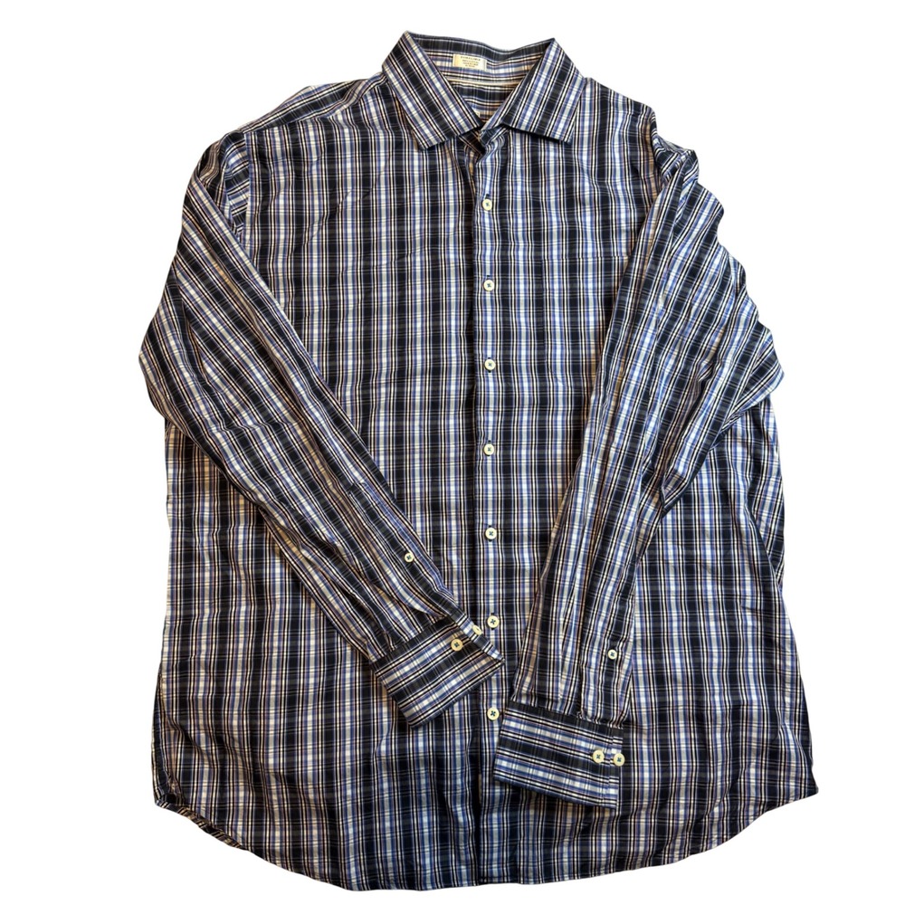 Peter Millar Seaside Finish Mens XL Blue Plaid Cotton Button Down Shirt Long Slv